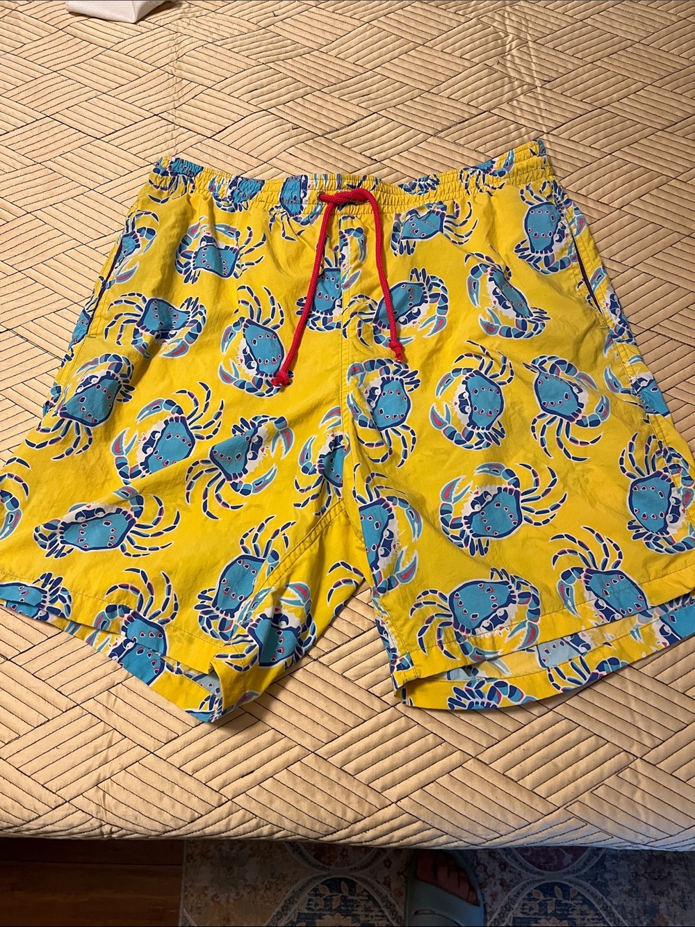 Ike Behar Yellow Swim Trunks with Blue Crab Print and Red Drawstring